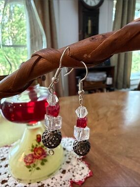 Red and Clear Crystal Bead Dangle Earrings